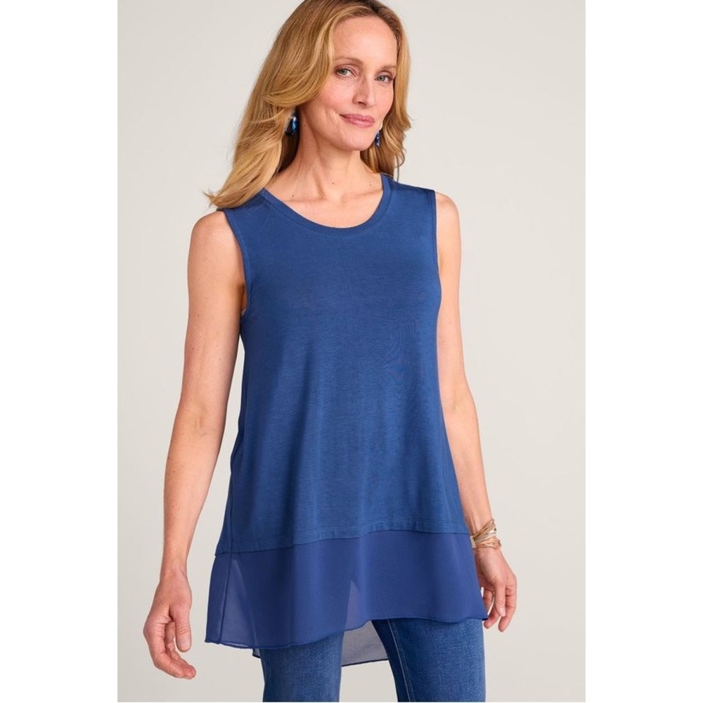 Soft Surroundings Eden Tiered Sleeveless Blue Chiffon Hem Knit Tank Top XL 2DG15